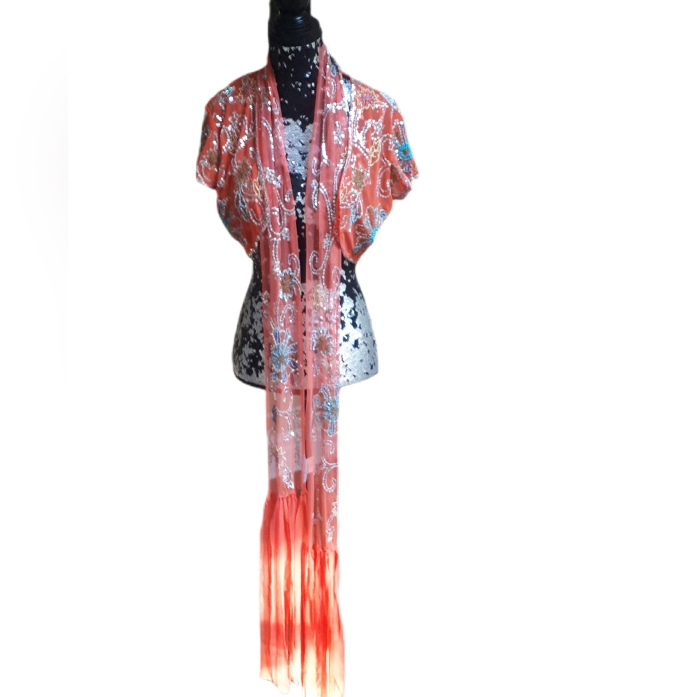 Marciano Coral and Sequin Embellished Top/Shrug And Matching Long Scarf
